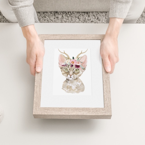 Watercolor Floral Devon Rex Cat Wall Art Illustration Print Poster Card Unframed - Picture 7 of 7